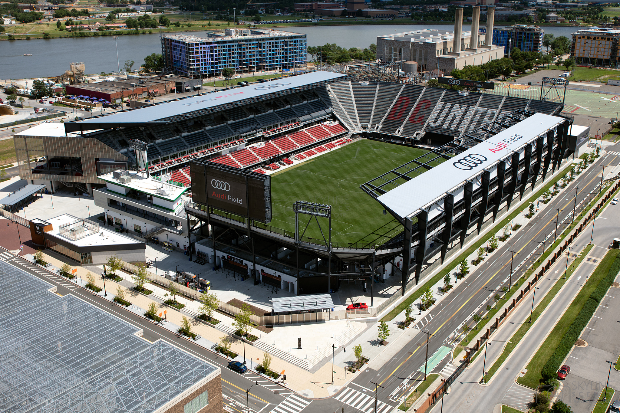 Aerial of Audi Field stadium home of the DC United MLS Soccer team in the Buzzard Point neighborhood of Washington DC